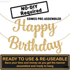 KatchOn Glitter Gold Happy Birthday Banner - Pre-Strung 10 Feet, Ready-to-Hang Gold Birthday Decor