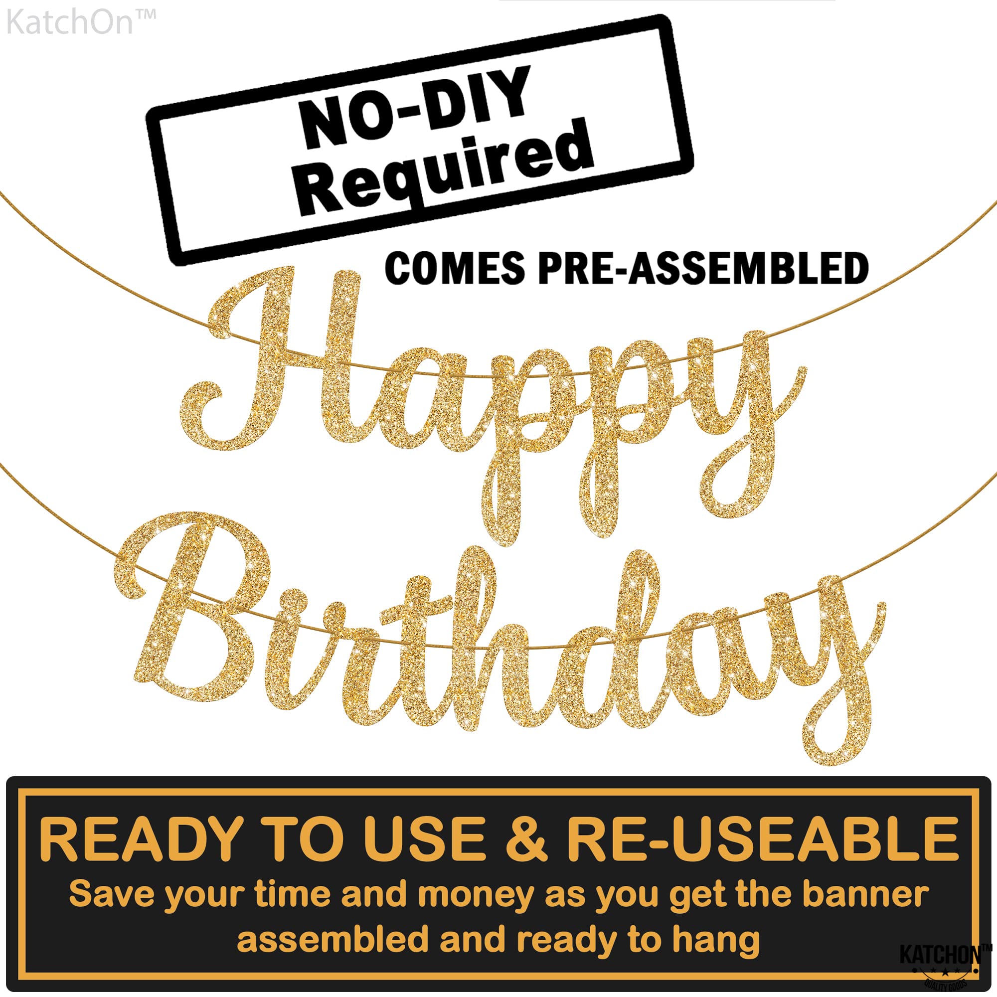 KatchOn Glitter Gold Happy Birthday Banner - Pre-Strung 10 Feet, Ready-to-Hang Gold Birthday Decor