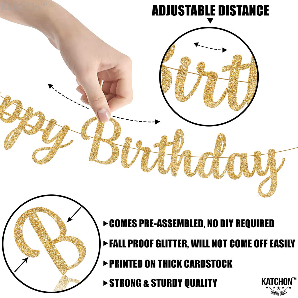 KatchOn Glitter Gold Happy Birthday Banner - Pre-Strung 10 Feet, Ready-to-Hang Gold Birthday Decor