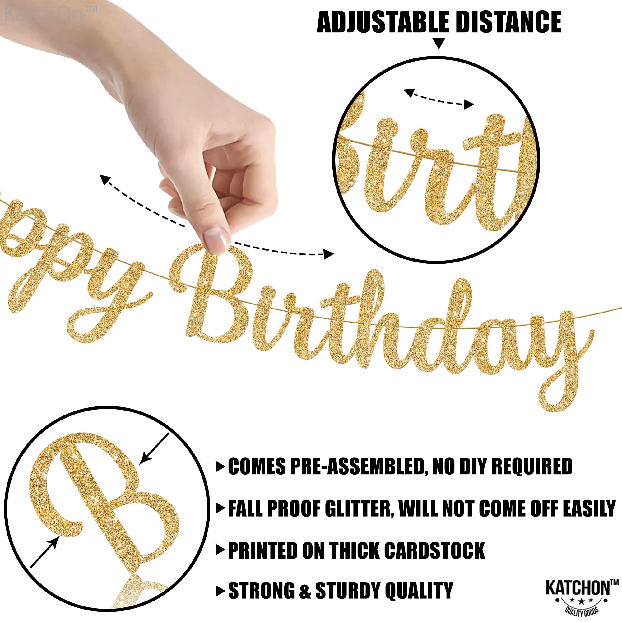 KatchOn Glitter Gold Happy Birthday Banner - Pre-Strung 10 Feet, Ready-to-Hang Gold Birthday Decor