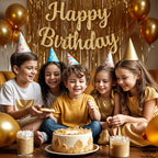 KatchOn Glitter Gold Happy Birthday Banner - Pre-Strung 10 Feet, Ready-to-Hang Gold Birthday Decor