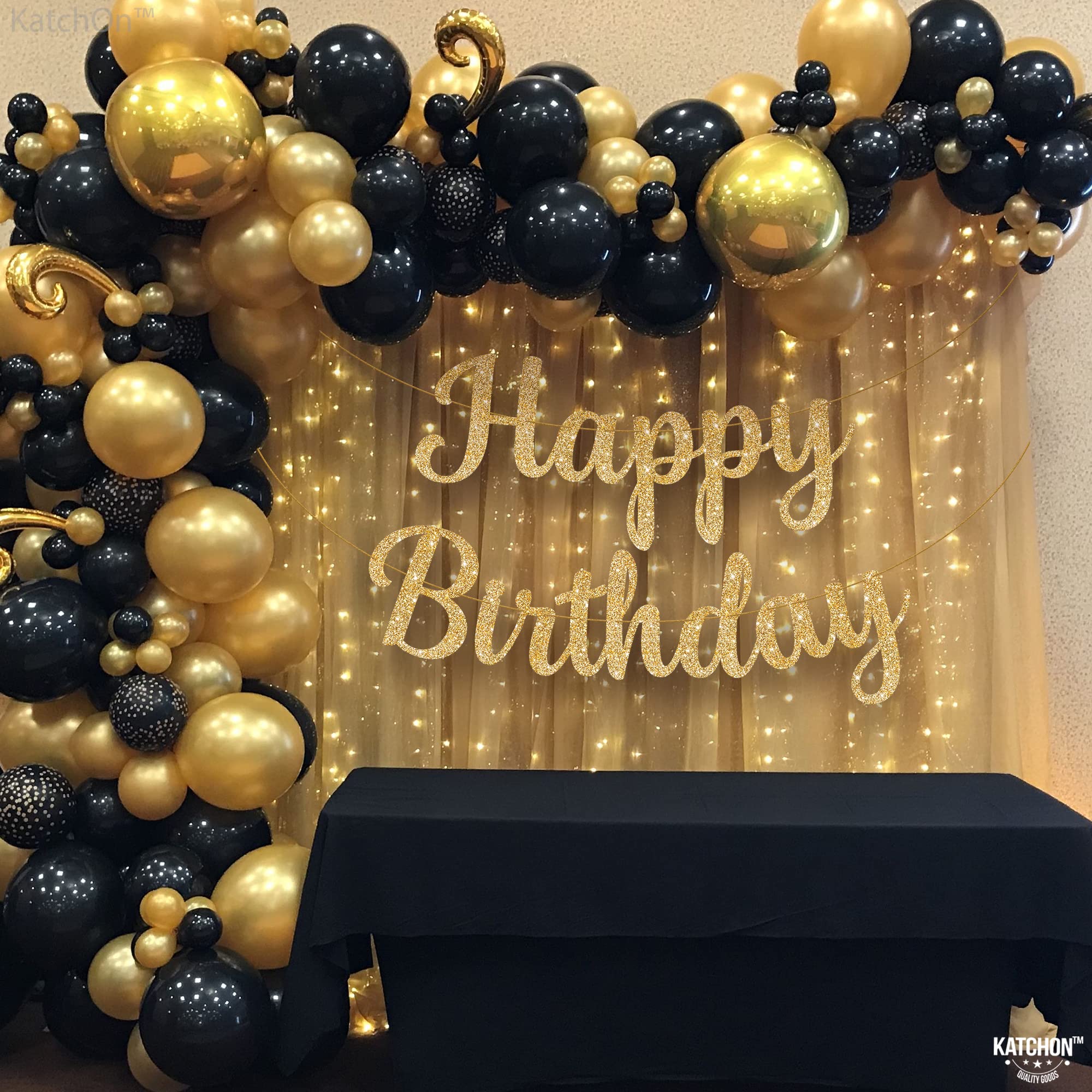 KatchOn Glitter Gold Happy Birthday Banner - Pre-Strung 10 Feet, Ready-to-Hang Gold Birthday Decor