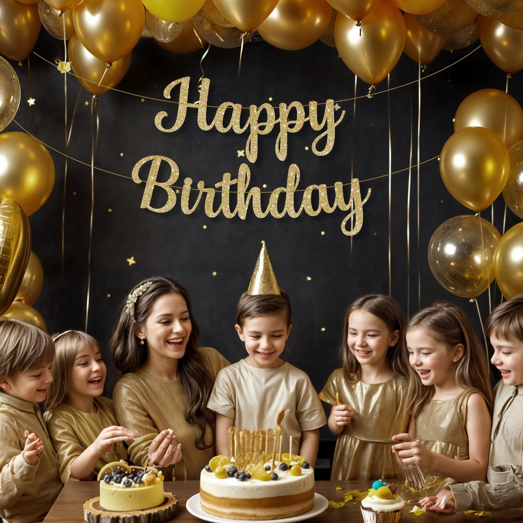 KatchOn Glitter Gold Happy Birthday Banner - Pre-Strung 10 Feet, Ready-to-Hang Gold Birthday Decor