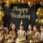 KatchOn Glitter Gold Happy Birthday Banner - Pre-Strung 10 Feet, Ready-to-Hang Gold Birthday Decor