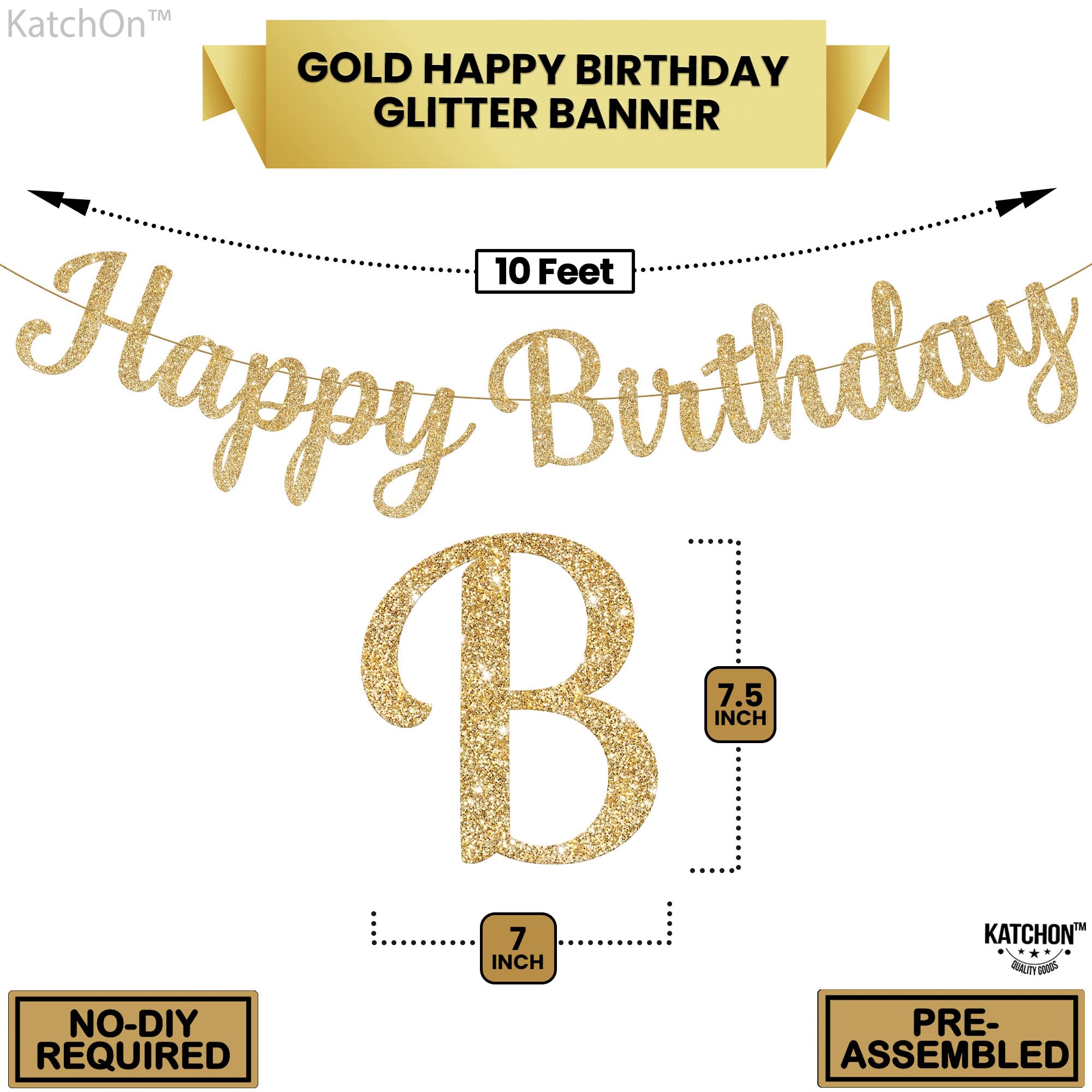 KatchOn Glitter Gold Happy Birthday Banner - Pre-Strung 10 Feet, Ready-to-Hang Gold Birthday Decor