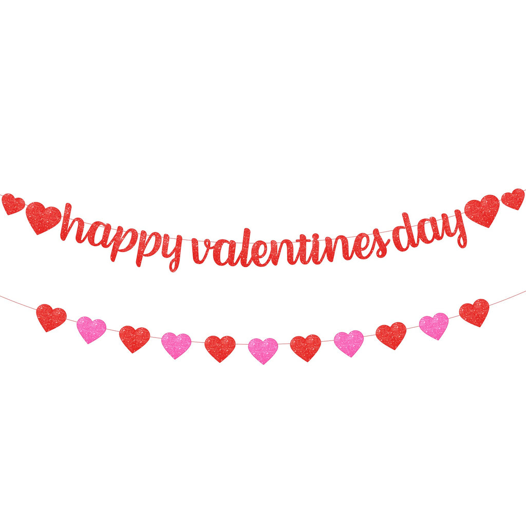 KatchOn Glitter Happy Valentines Banner – 10 Feet, Pre-assembled Red & Pink Heart Garland for Valentines Day Decorations