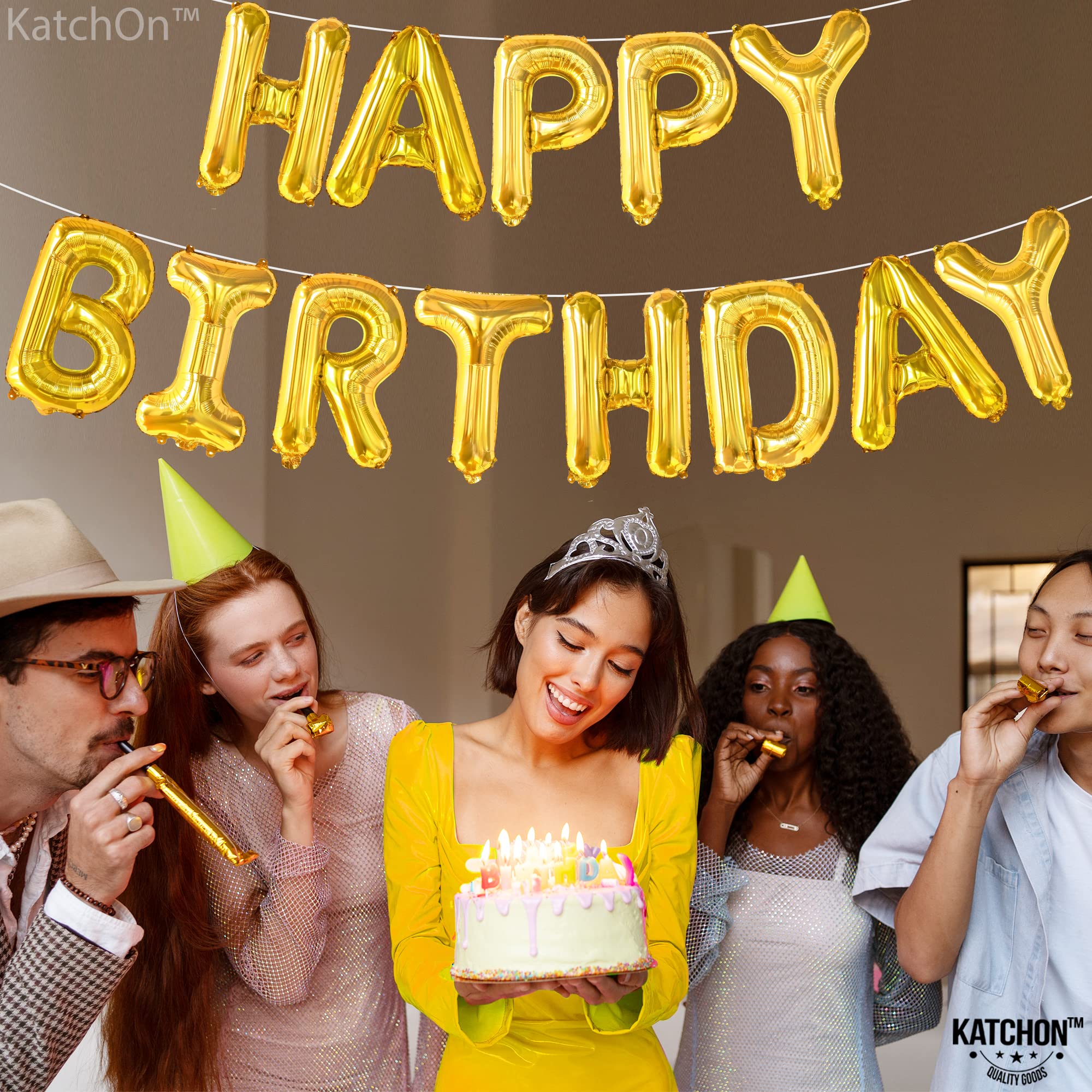 KatchOn Gold Happy Birthday Banner – 16 Inch Foil Letter Balloon Kit