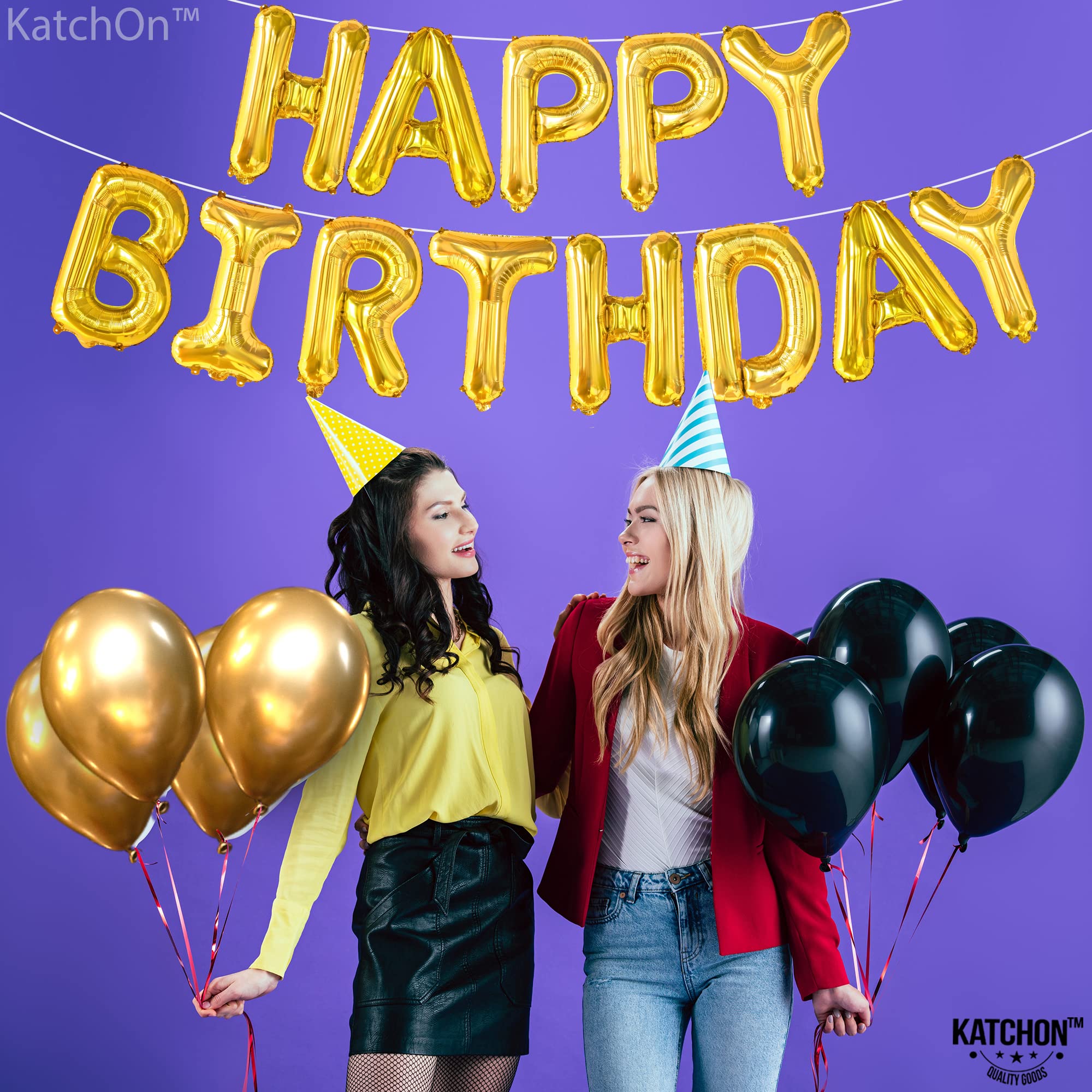 KatchOn Gold Happy Birthday Banner – 16 Inch Foil Letter Balloon Kit