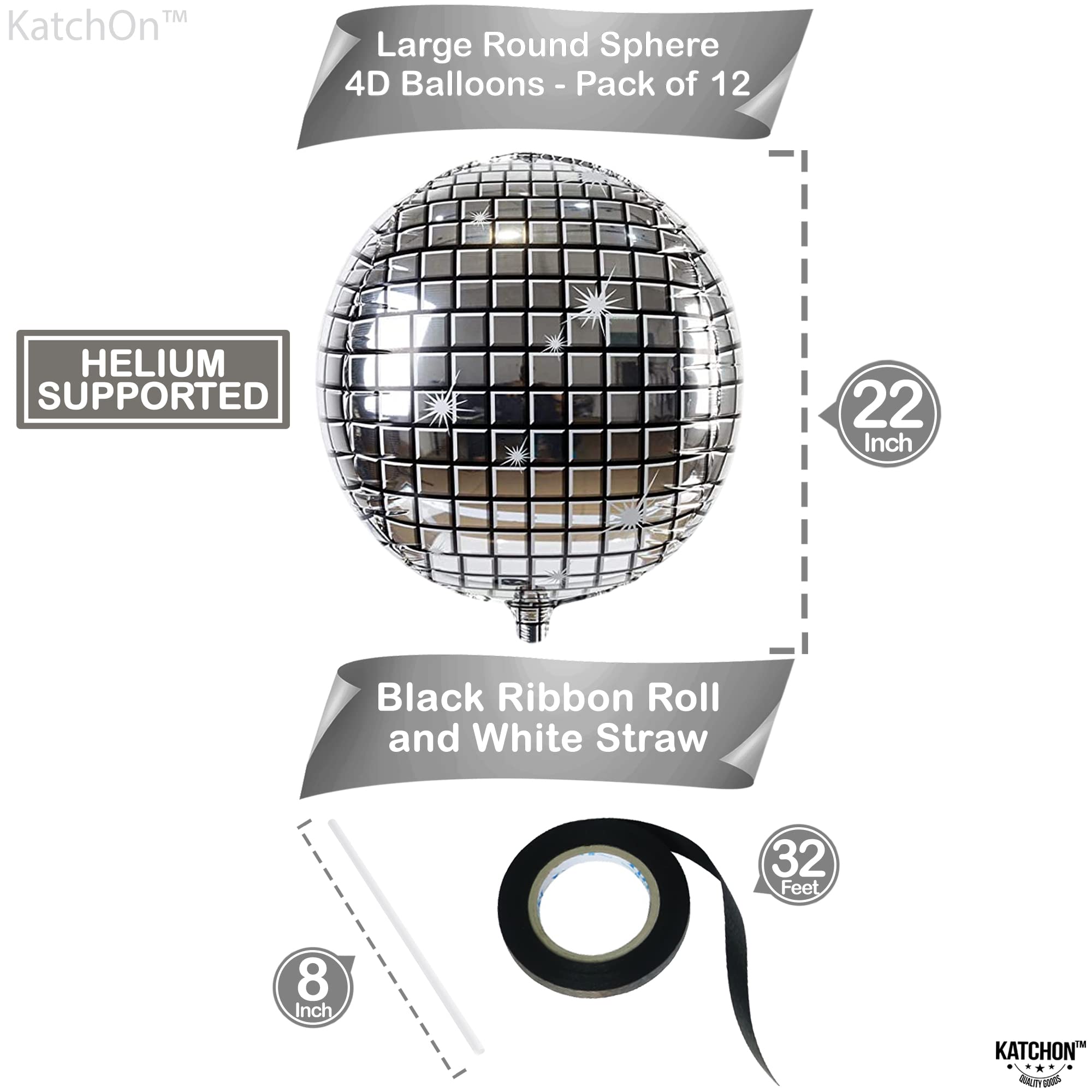 KatchOn 22 Inch Silver Disco Ball Balloons – Pack of 12 | Disco Party Decor