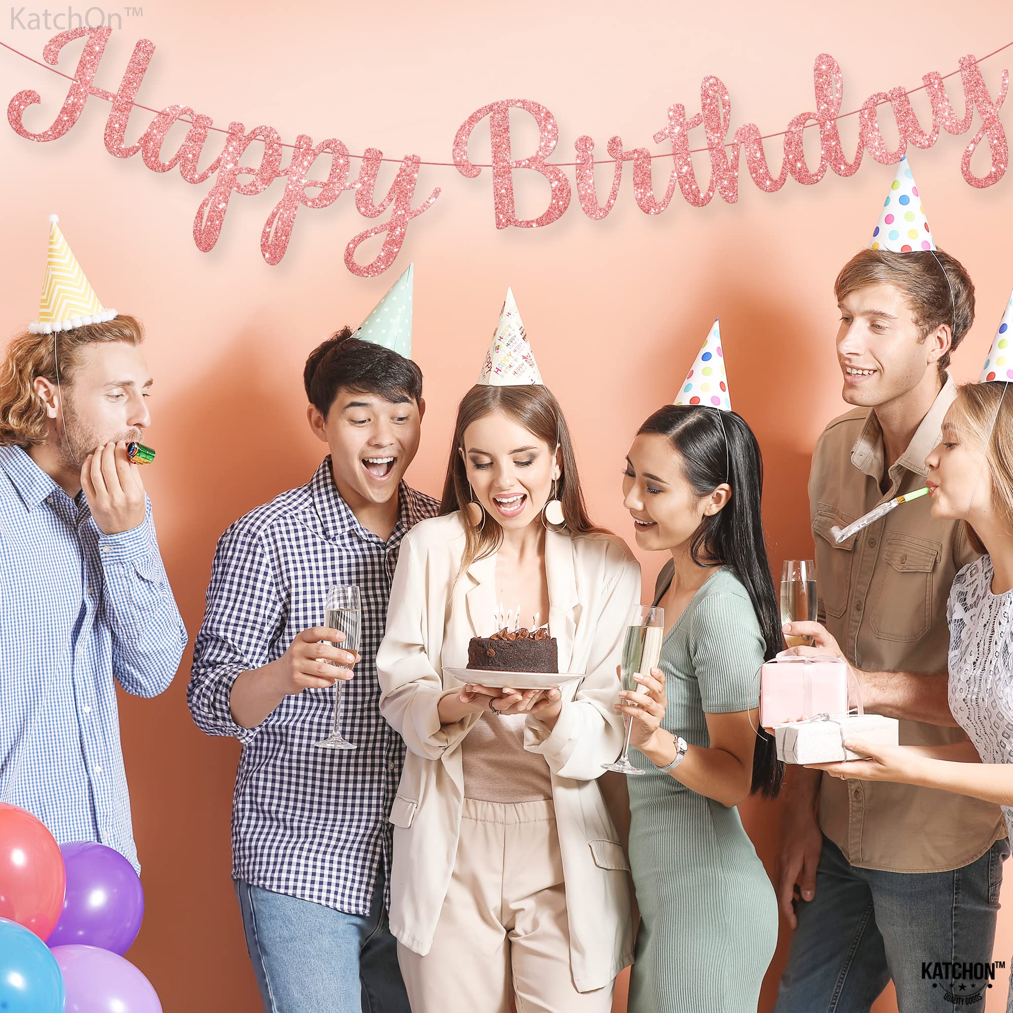 KatchOn Glitter Rose Gold Cursive Happy Birthday Banner – Pre-Strung 10 Feet