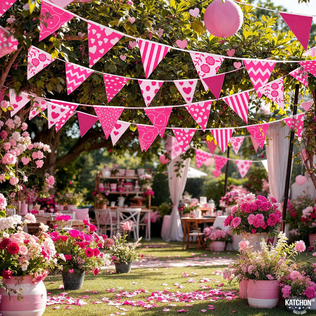 KatchOn Pink Triangle Flags Banner – 40ft Large Pennant Garland for Valentines, Baby Showers & Galentines Decor