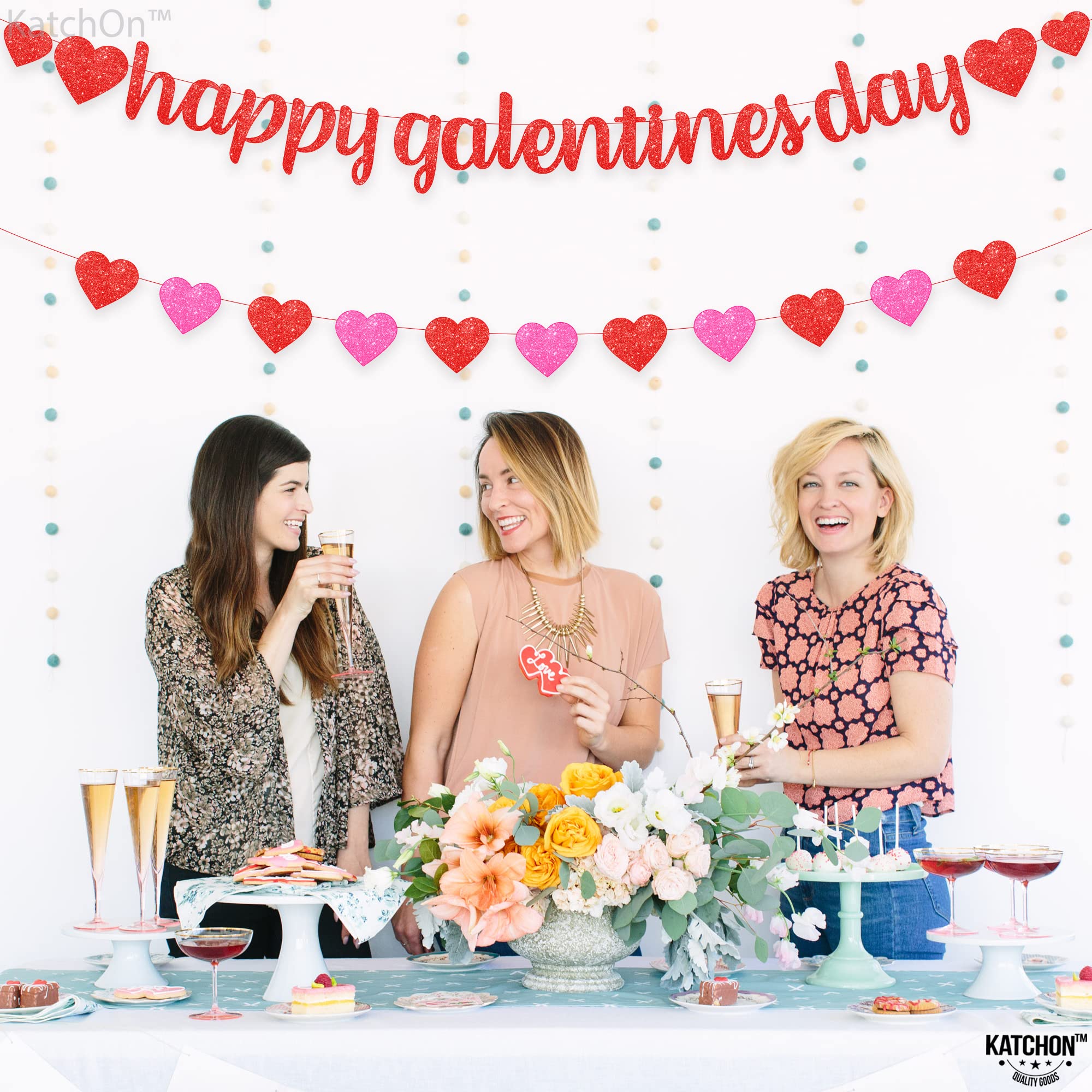 KatchOn Glitter Red Happy Galentines Day Banner - 10 Feet, No DIY, Pre-Strung Galentines Decor