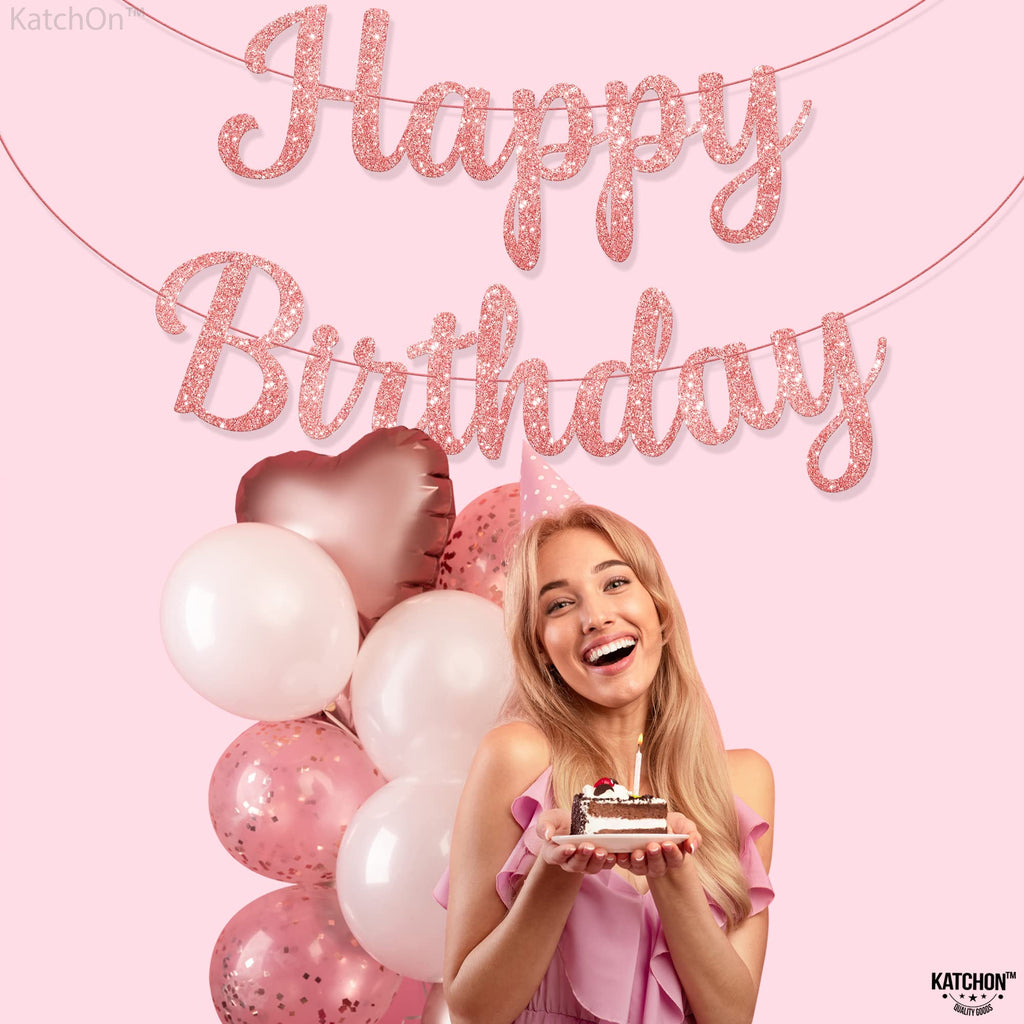 KatchOn Glitter Rose Gold Cursive Happy Birthday Banner – Pre-Strung 10 Feet