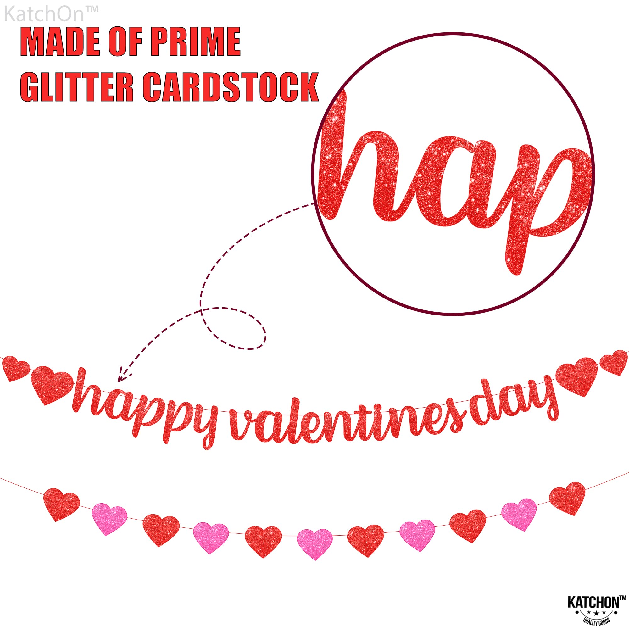 KatchOn Glitter Happy Valentines Banner – 10 Feet, Pre-assembled Red & Pink Heart Garland for Valentines Day Decorations