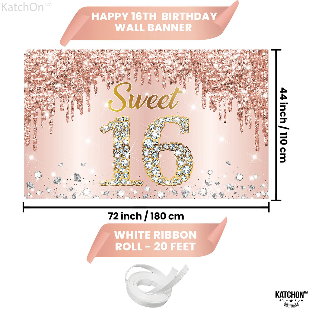 KatchOn Rose Gold Sweet 16 Banner 72x44in – Glam Birthday Backdrop