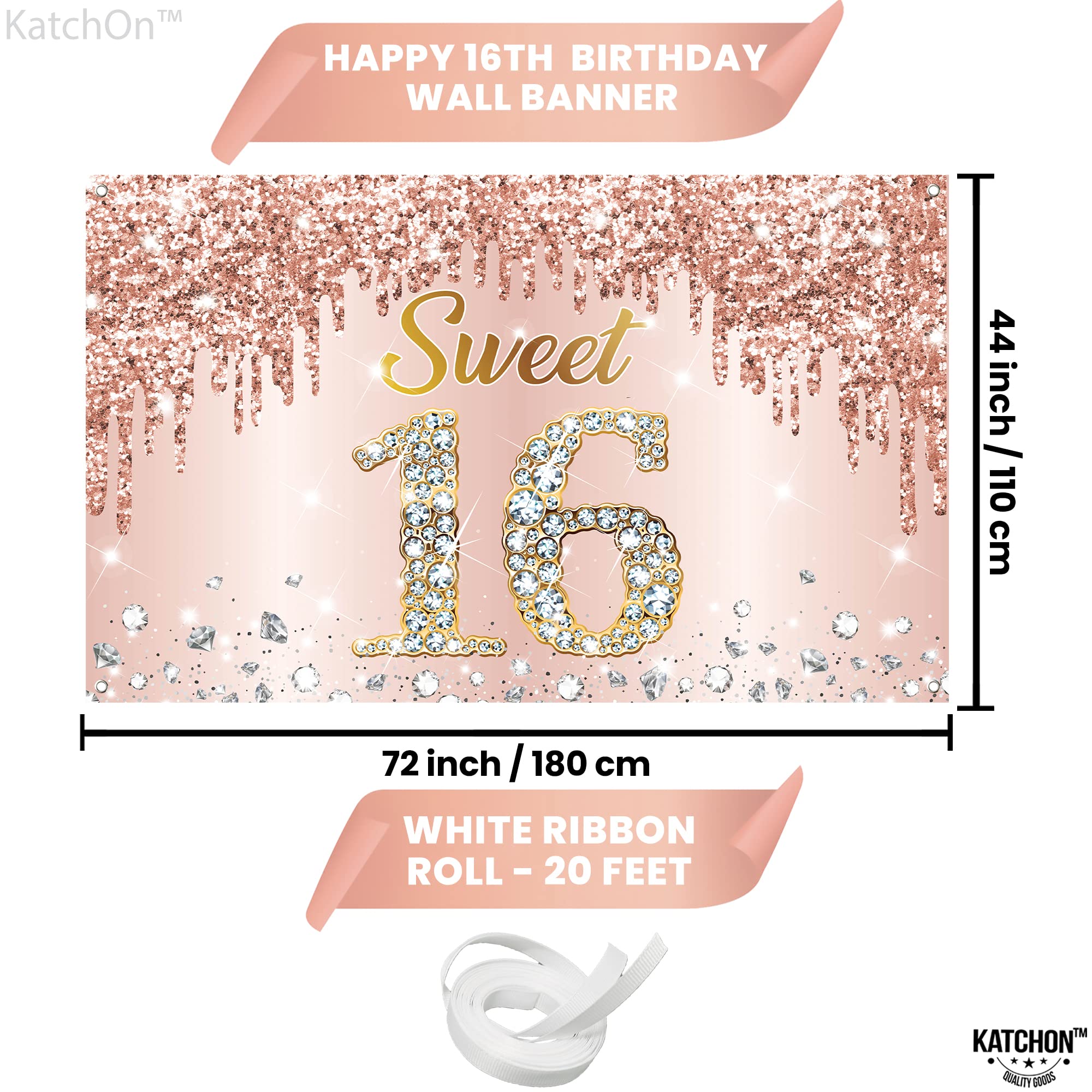 KatchOn Rose Gold Sweet 16 Banner 72x44in – Glam Birthday Backdrop