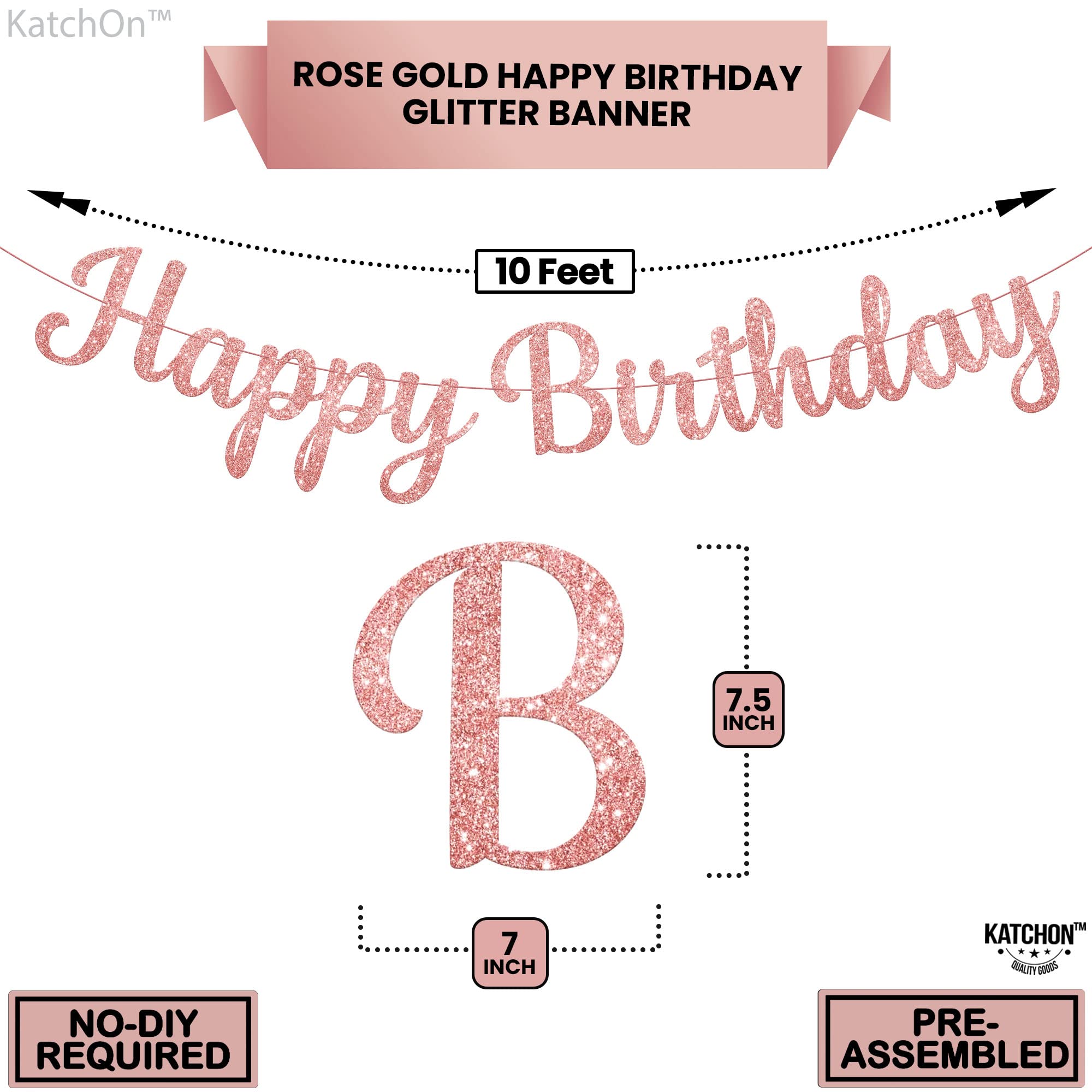 KatchOn Glitter Rose Gold Cursive Happy Birthday Banner – Pre-Strung 10 Feet