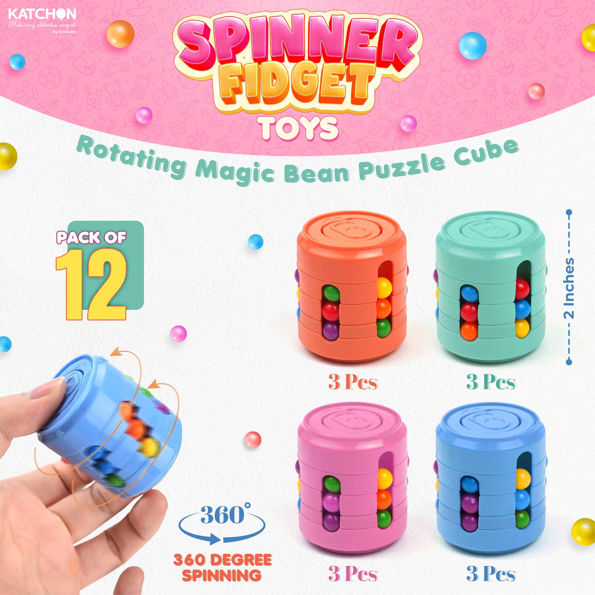 KatchOn Rotating Fidget Toys – 12-Pack Puzzle Spinner Set for Kids & Adults | Bulk Party Favors & Classroom Prizes