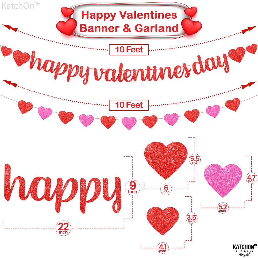 KatchOn Glitter Happy Valentines Banner – 10 Feet, Pre-assembled Red & Pink Heart Garland for Valentines Day Decorations