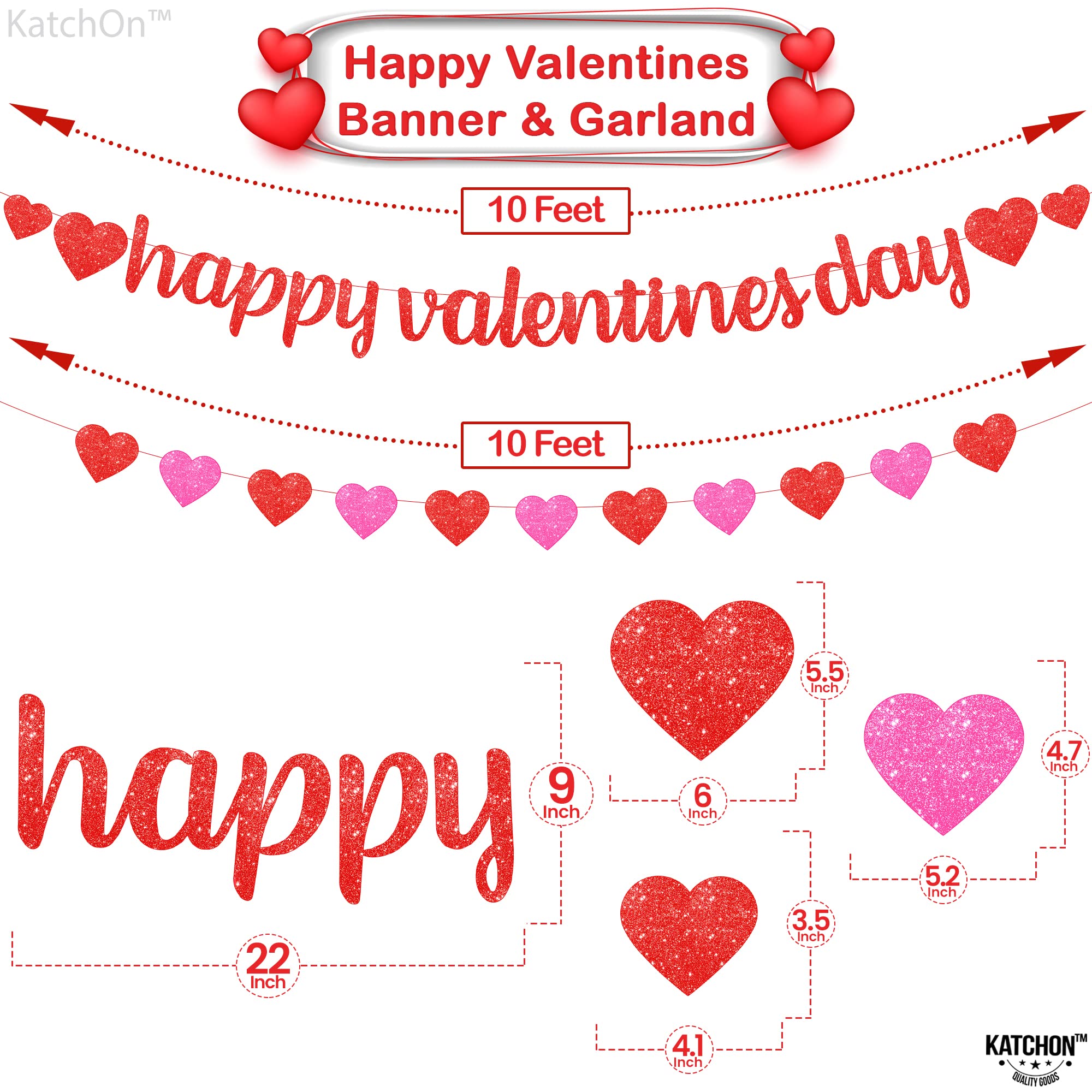KatchOn Glitter Happy Valentines Banner – 10 Feet, Pre-assembled Red & Pink Heart Garland for Valentines Day Decorations