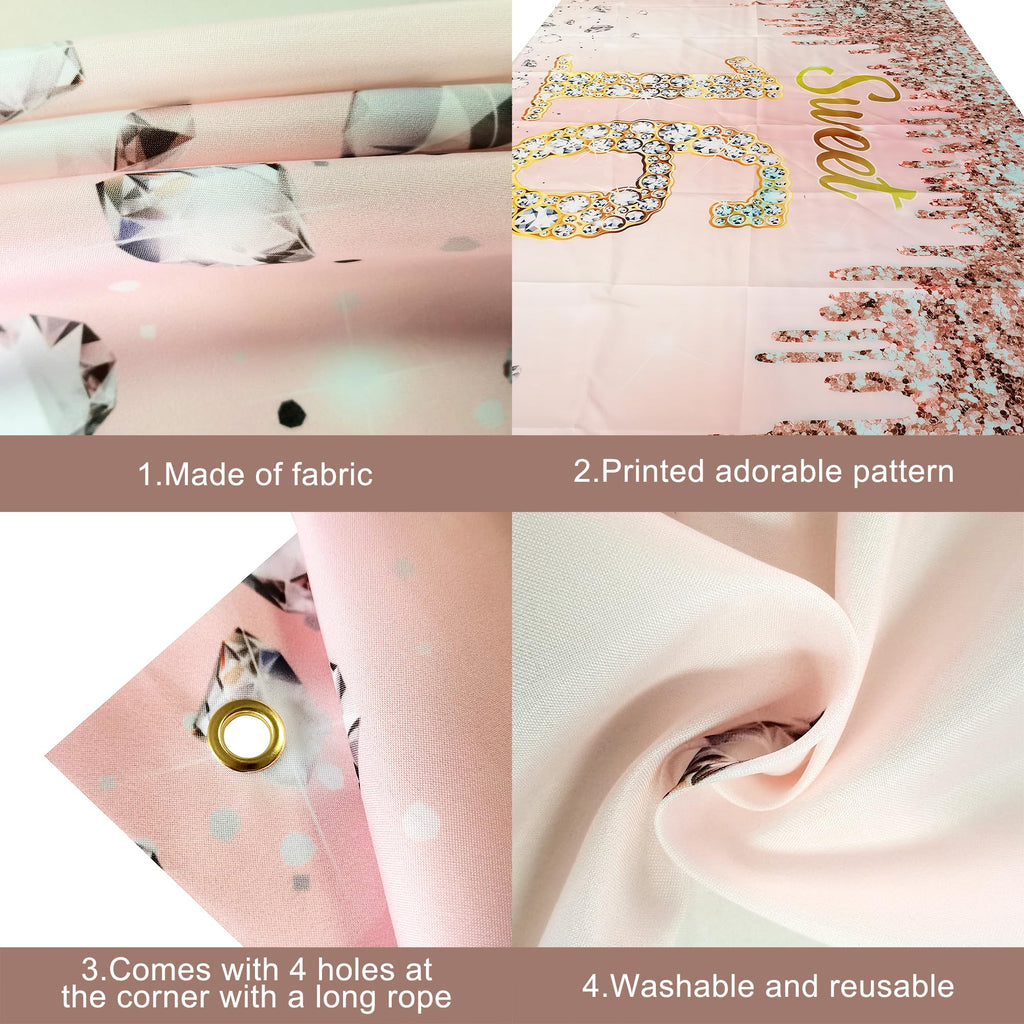 KatchOn Rose Gold Sweet 16 Banner 72x44in – Glam Birthday Backdrop