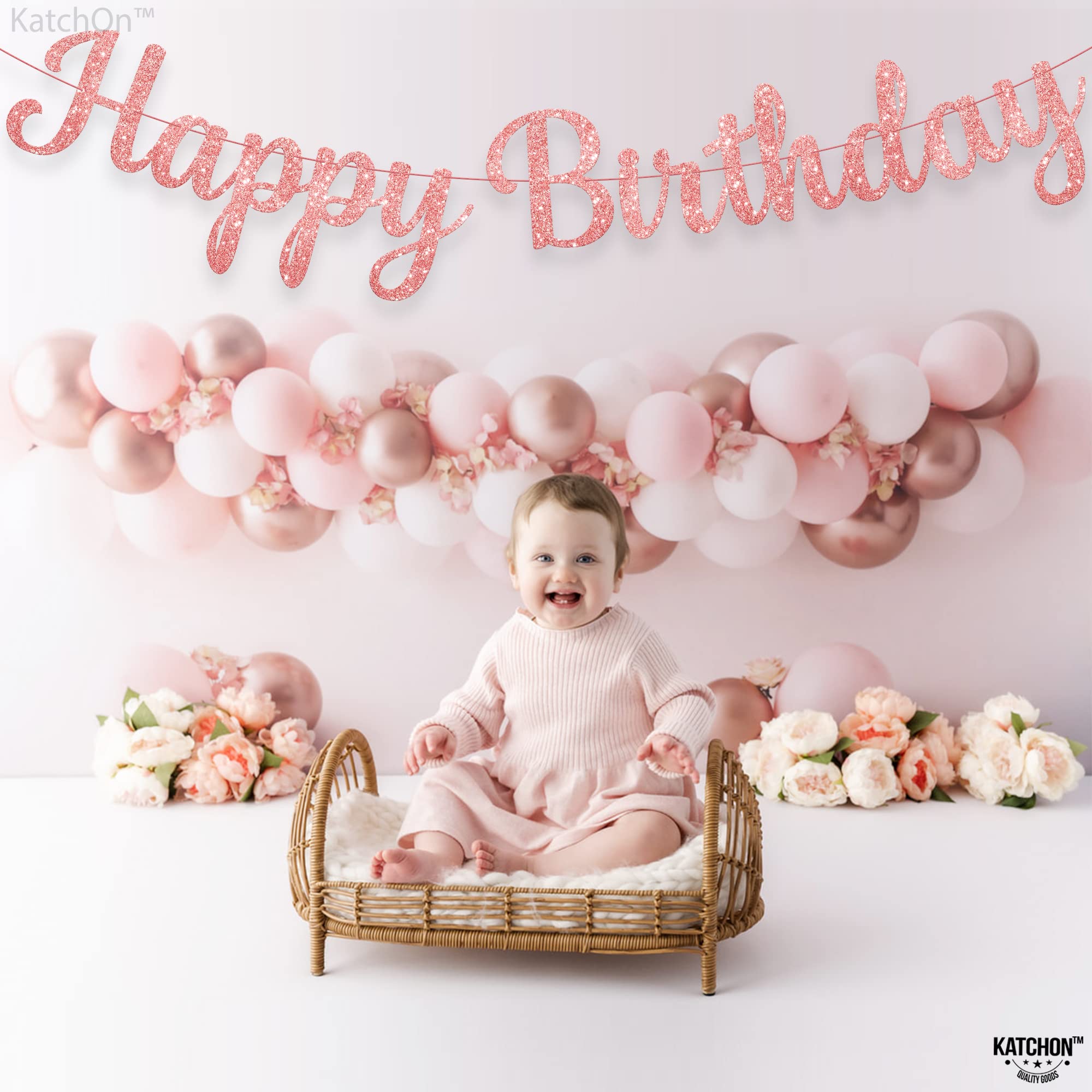 KatchOn Glitter Rose Gold Cursive Happy Birthday Banner – Pre-Strung 10 Feet