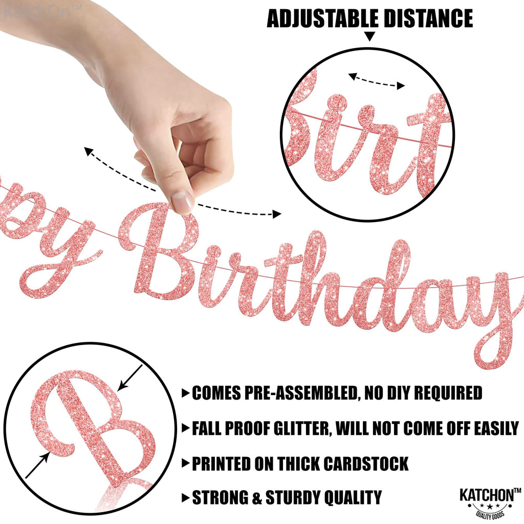 KatchOn Glitter Rose Gold Cursive Happy Birthday Banner – Pre-Strung 10 Feet