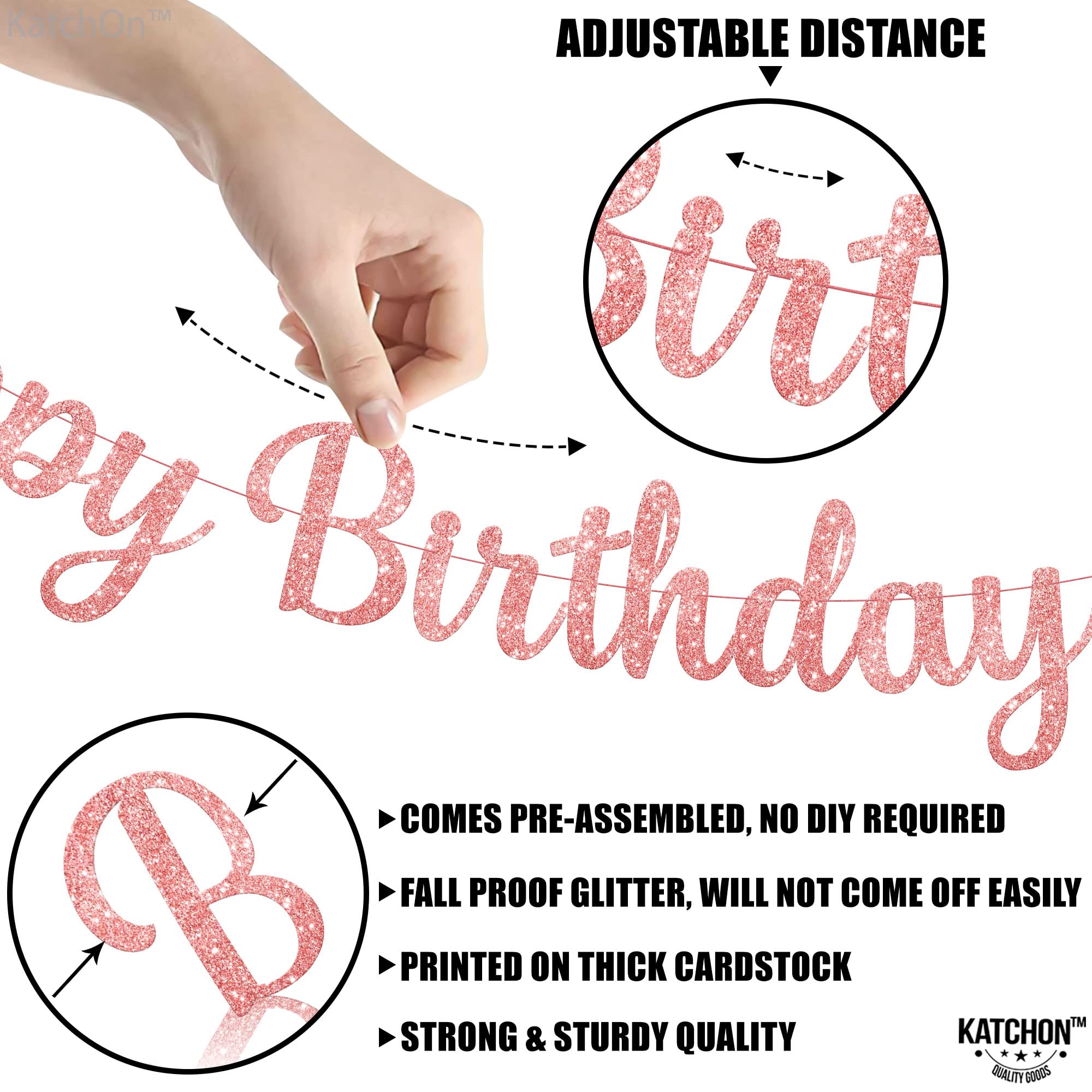 KatchOn Glitter Rose Gold Cursive Happy Birthday Banner – Pre-Strung 10 Feet