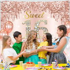 KatchOn Rose Gold Sweet 16 Banner 72x44in – Glam Birthday Backdrop
