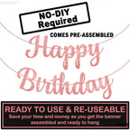 KatchOn Glitter Rose Gold Cursive Happy Birthday Banner – Pre-Strung 10 Feet