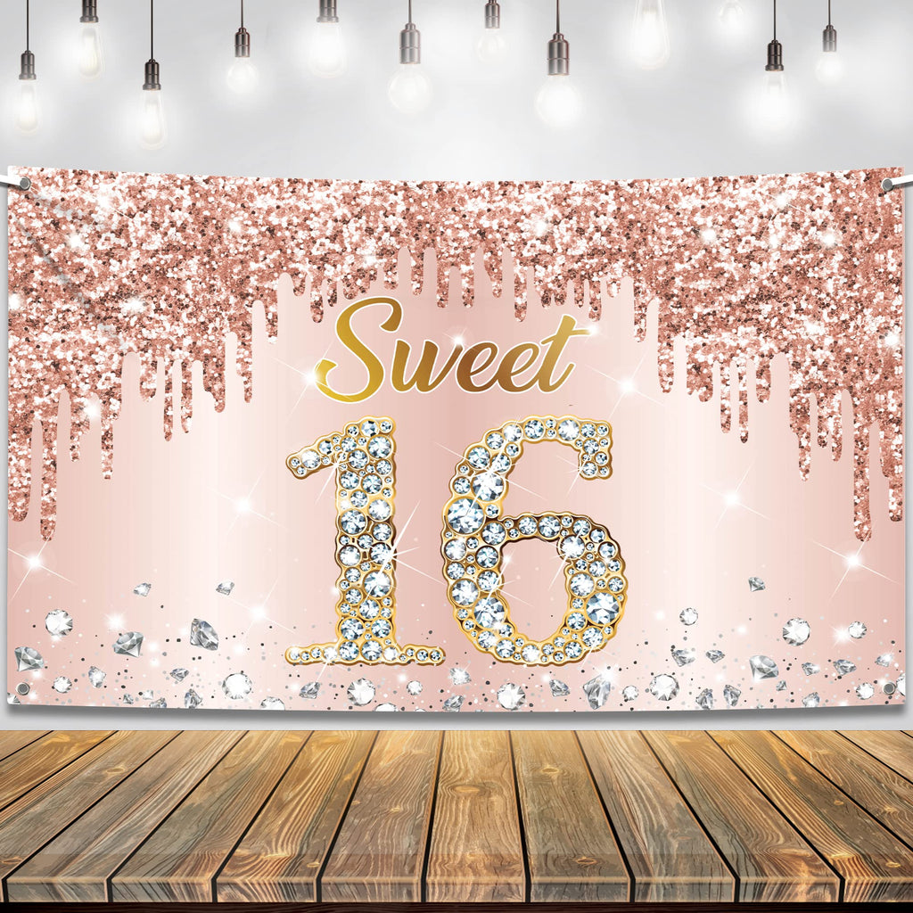 KatchOn Rose Gold Sweet 16 Banner 72x44in – Glam Birthday Backdrop