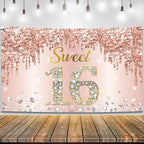 KatchOn Rose Gold Sweet 16 Banner 72x44in – Glam Birthday Backdrop