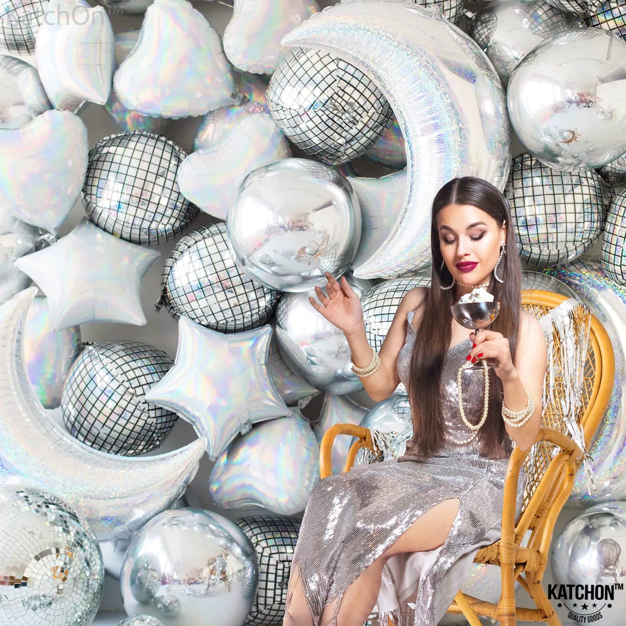KatchOn 22 Inch Silver Disco Ball Balloons – Pack of 12 | Disco Party Decor