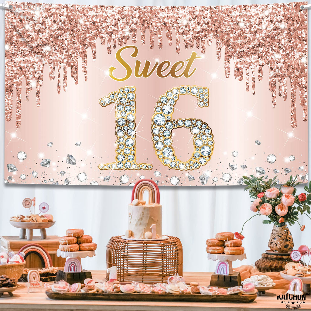 KatchOn Rose Gold Sweet 16 Banner 72x44in – Glam Birthday Backdrop