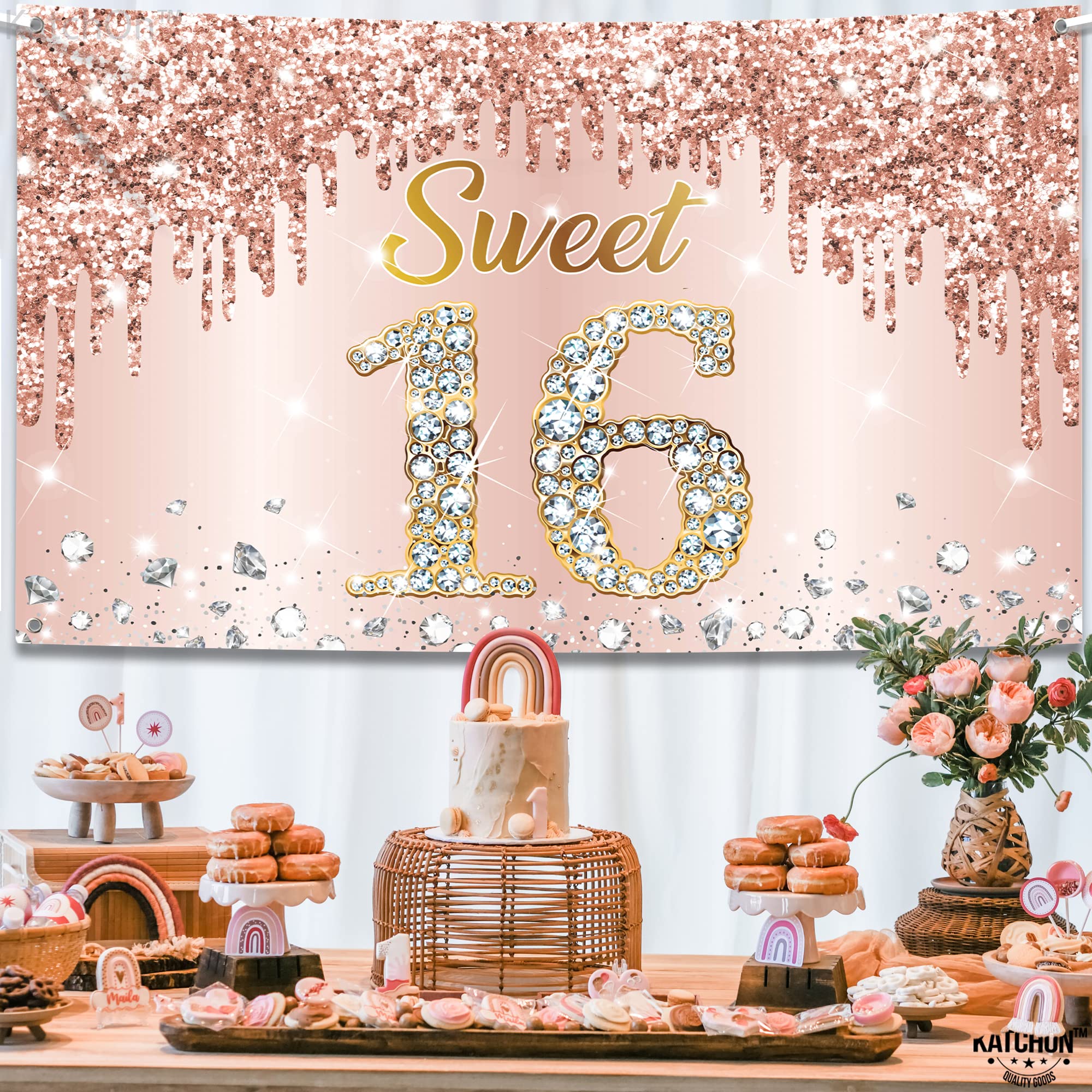 KatchOn Rose Gold Sweet 16 Banner 72x44in – Glam Birthday Backdrop