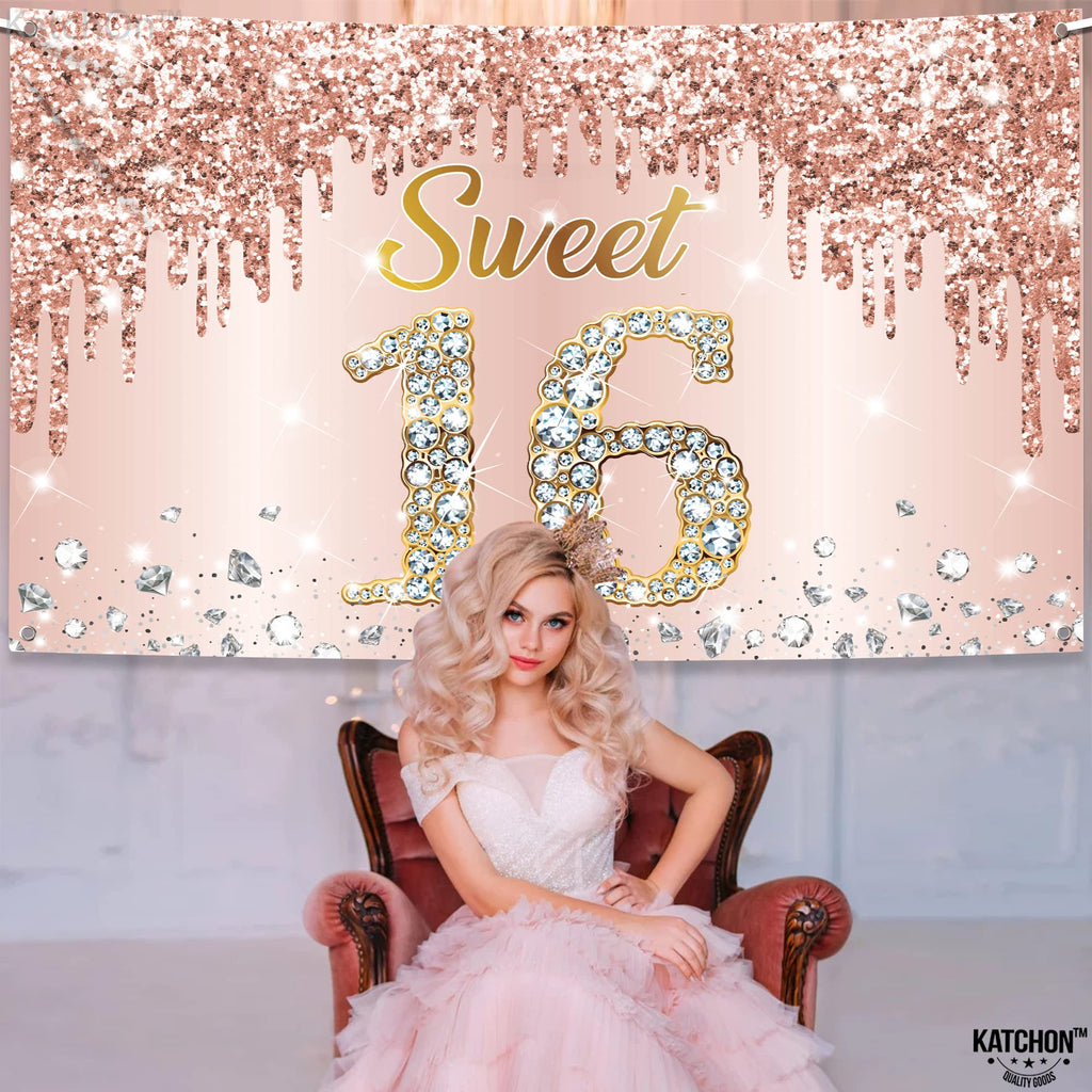 KatchOn Rose Gold Sweet 16 Banner 72x44in – Glam Birthday Backdrop