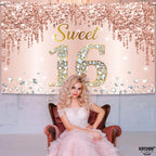 KatchOn Rose Gold Sweet 16 Banner 72x44in – Glam Birthday Backdrop