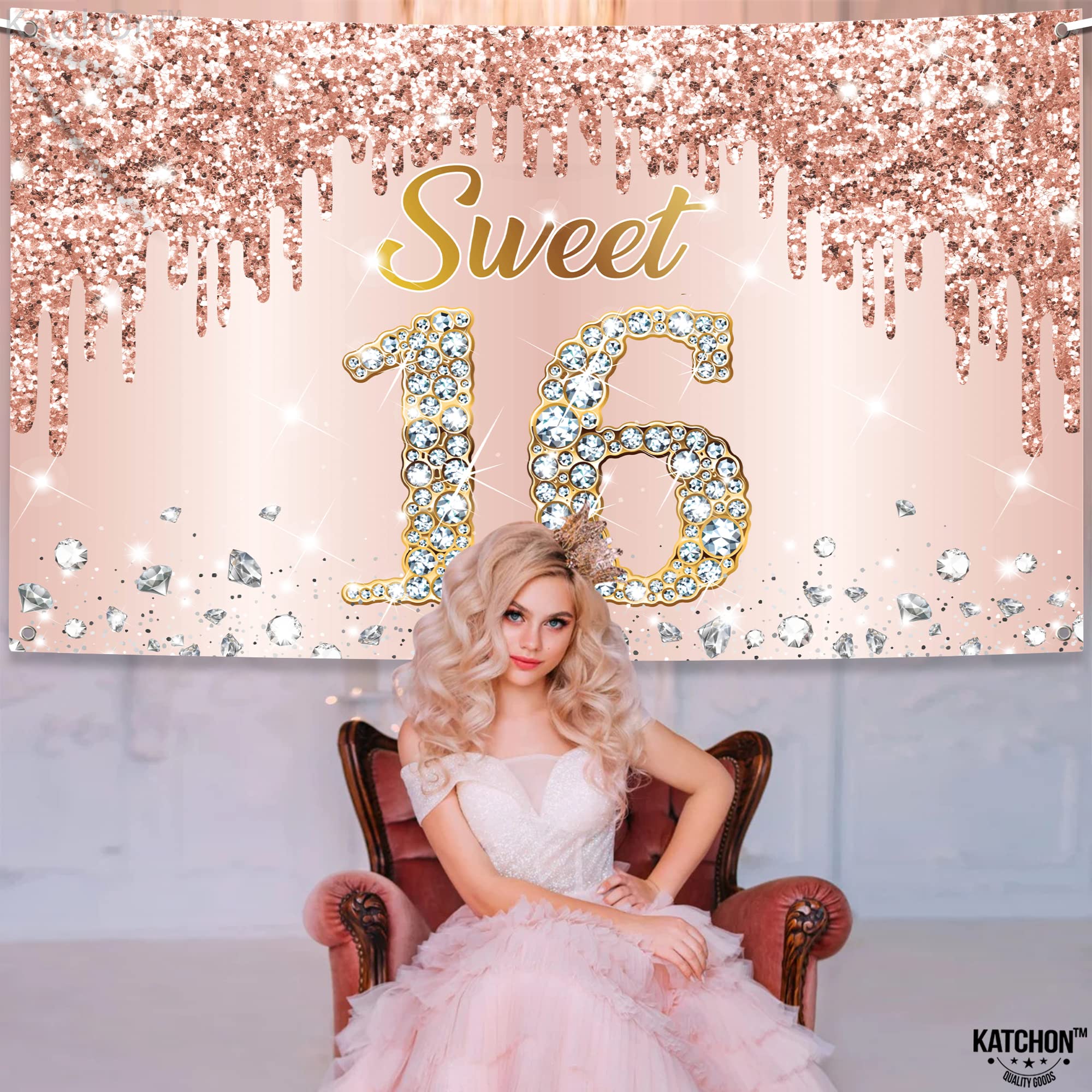 KatchOn Rose Gold Sweet 16 Banner 72x44in – Glam Birthday Backdrop