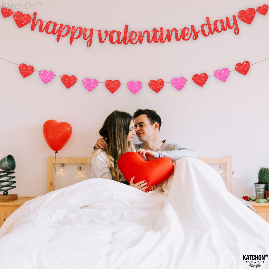 KatchOn Glitter Happy Valentines Banner – 10 Feet, Pre-assembled Red & Pink Heart Garland for Valentines Day Decorations
