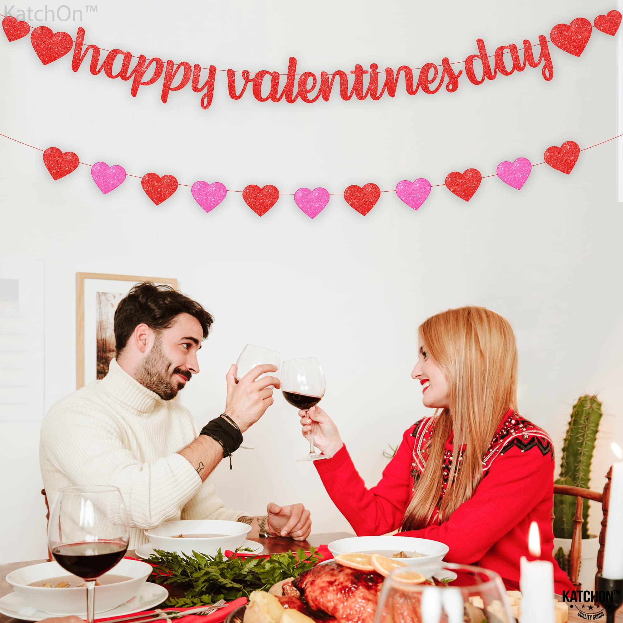 KatchOn Glitter Happy Valentines Banner – 10 Feet, Pre-assembled Red & Pink Heart Garland for Valentines Day Decorations