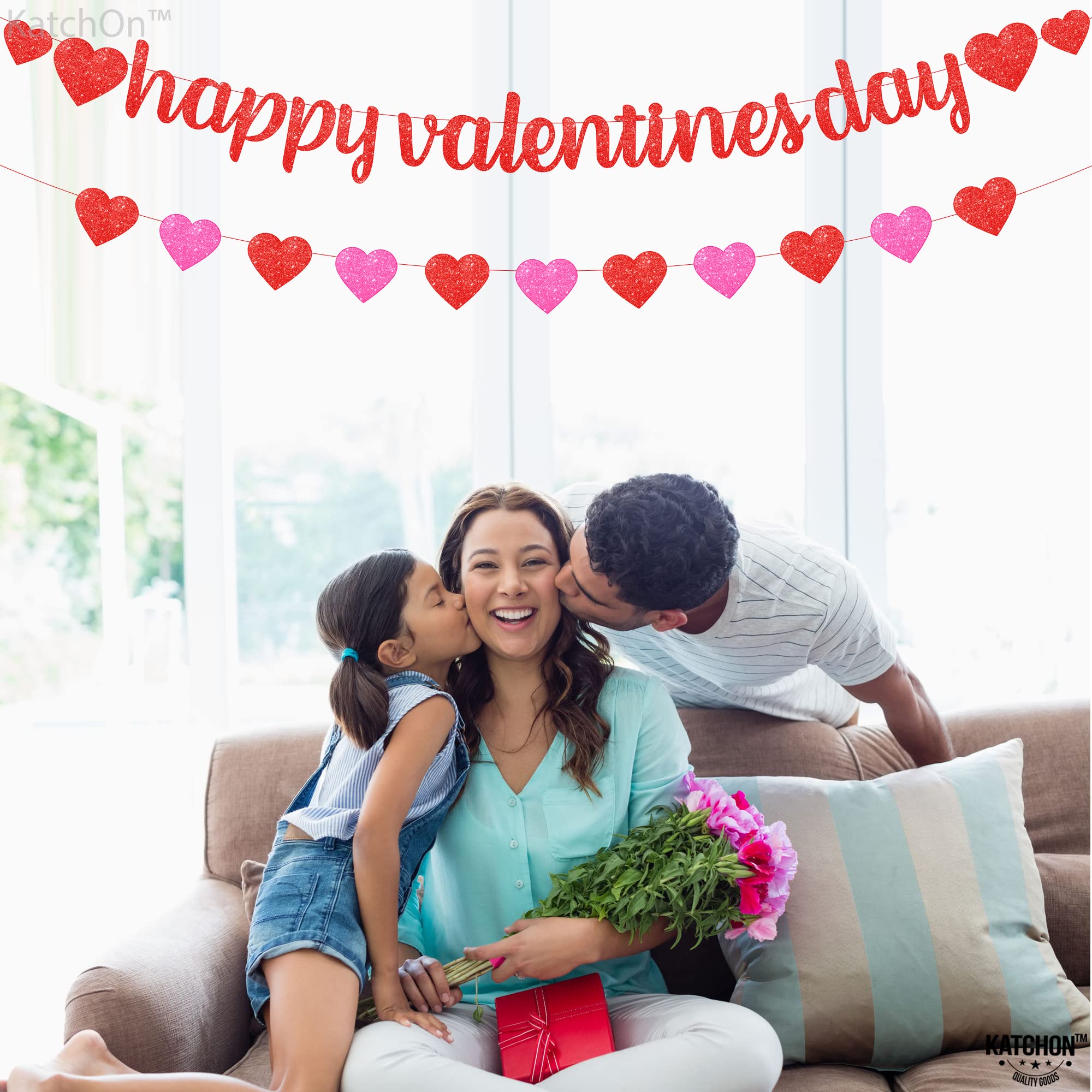 KatchOn Glitter Happy Valentines Banner – 10 Feet, Pre-assembled Red & Pink Heart Garland for Valentines Day Decorations