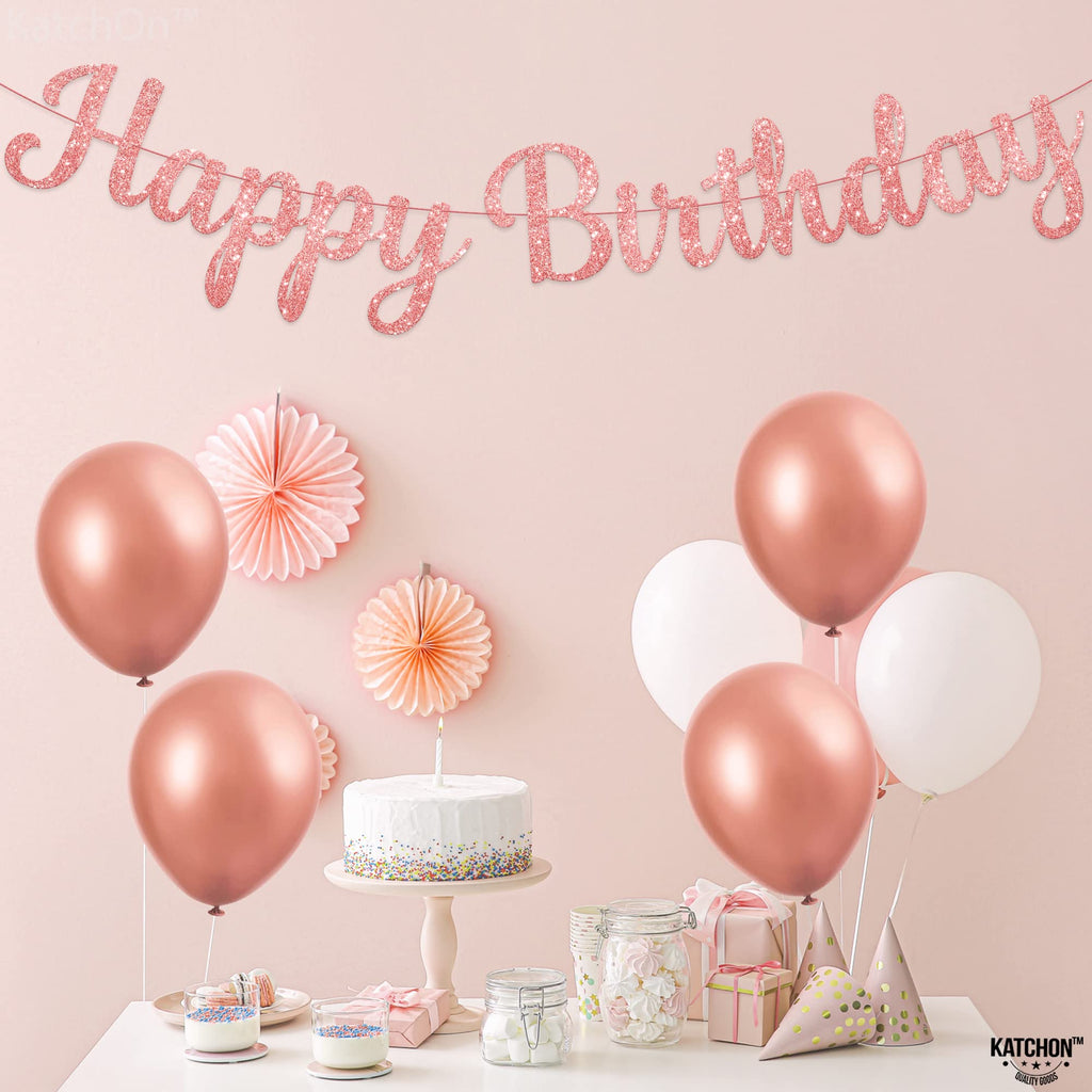 KatchOn Glitter Rose Gold Cursive Happy Birthday Banner – Pre-Strung 10 Feet