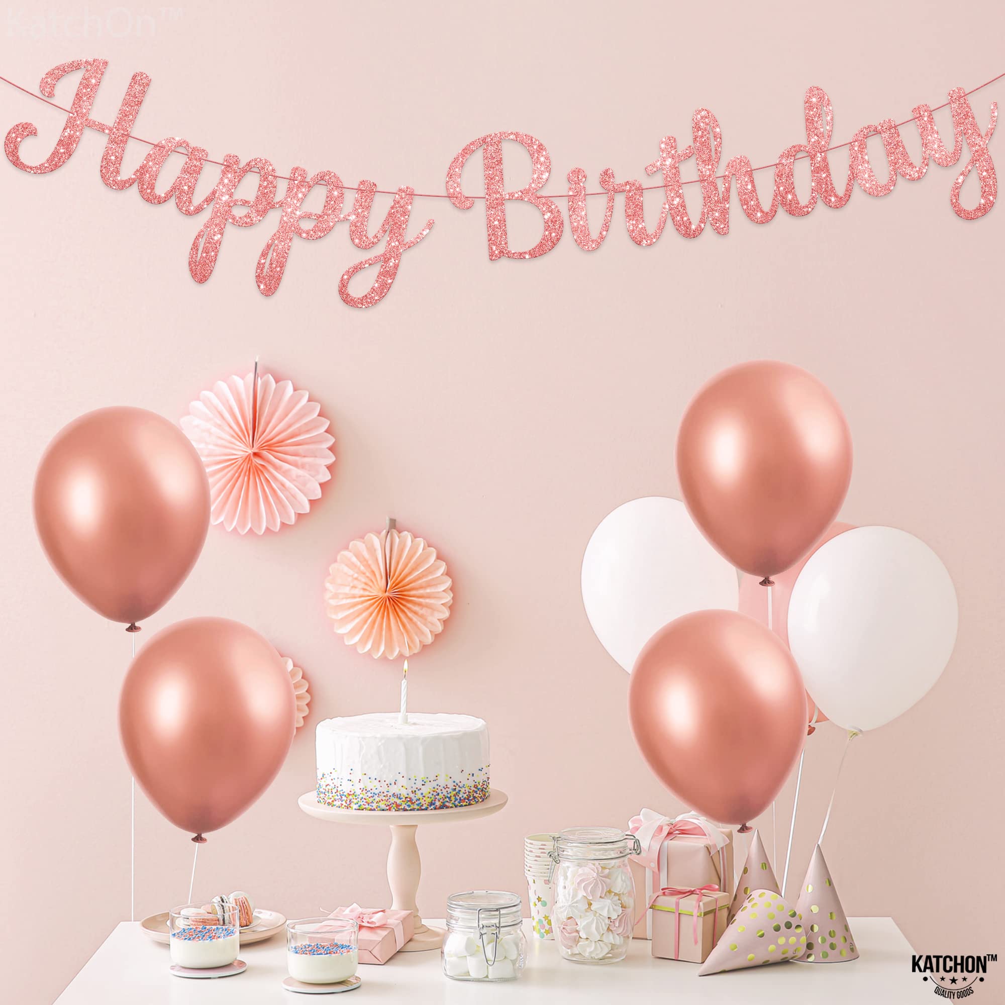 KatchOn Glitter Rose Gold Cursive Happy Birthday Banner – Pre-Strung 10 Feet