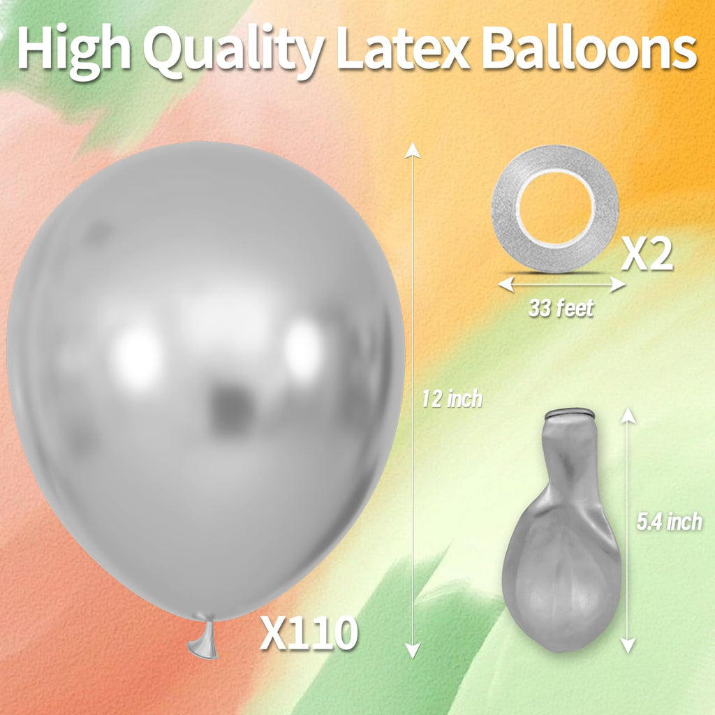 KAWKALSH Metallic Silver 12inch Balloons 110ct Latex Party Decor for Futuristic Events