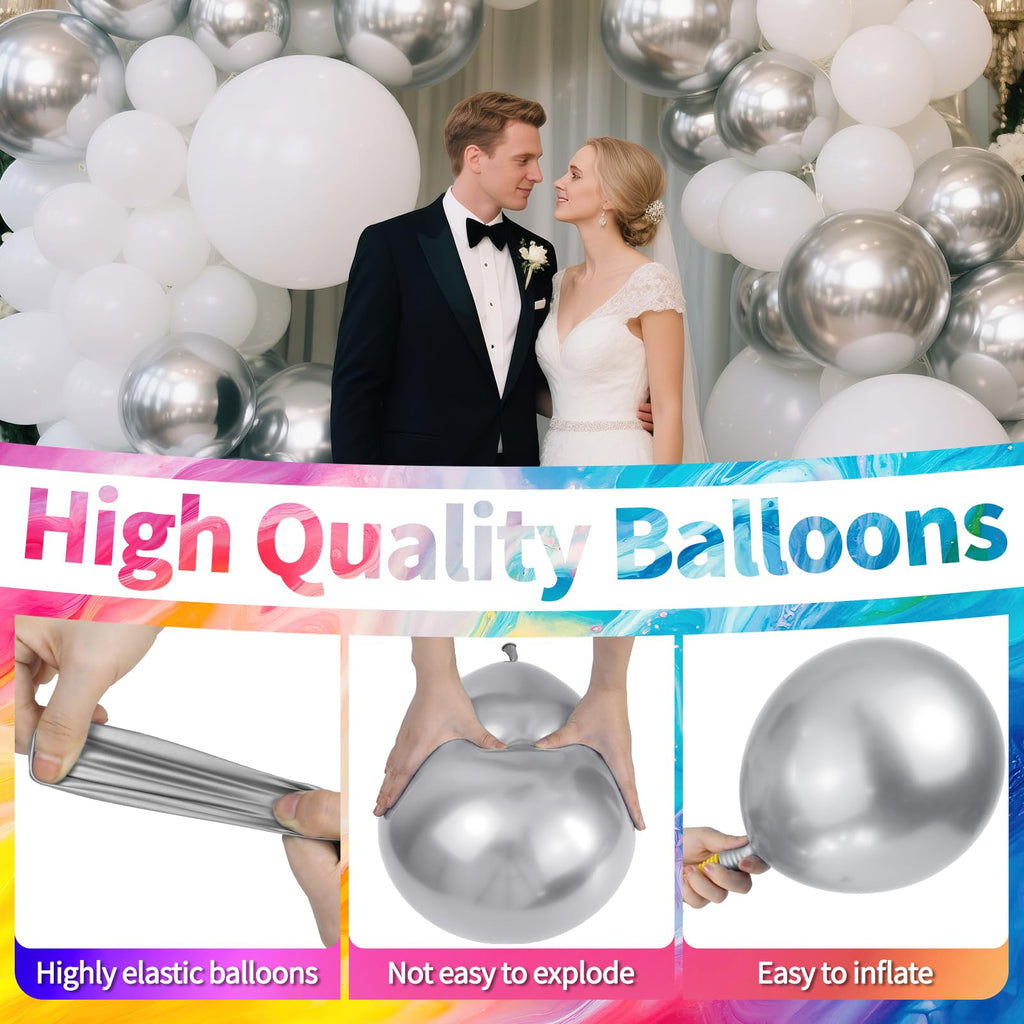 KAWKALSH Metallic Silver 12inch Balloons 110ct Latex Party Decor for Futuristic Events