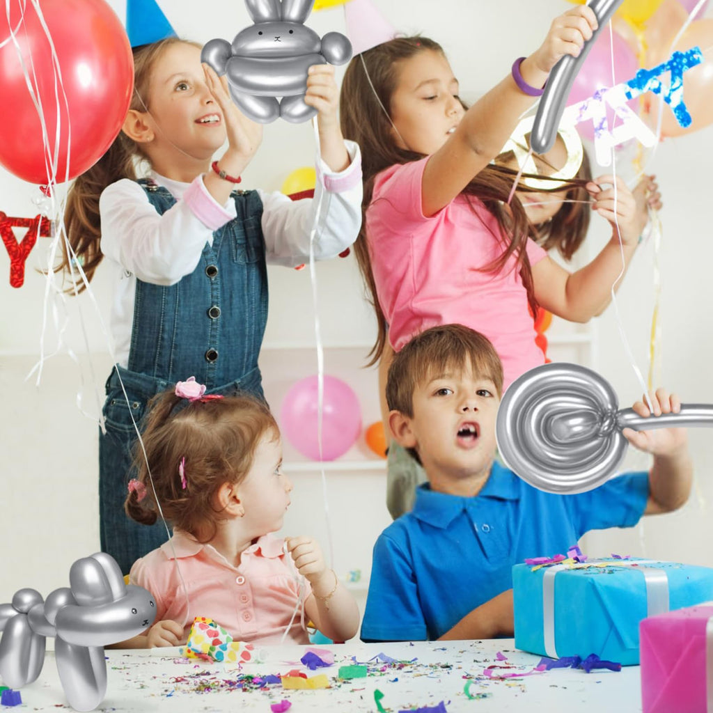 KAWKALSH 260 Metallic Silver Long Balloons – 100pc for Garlands, Twisting Animals, and Party Decor
