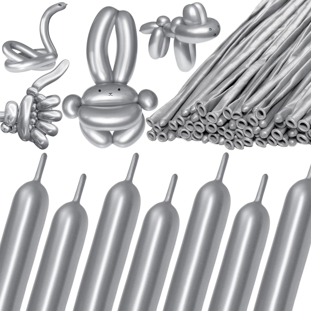 KAWKALSH 260 Metallic Silver Long Balloons – 100pc for Garlands, Twisting Animals, and Party Decor