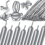 KAWKALSH 260 Metallic Silver Long Balloons – 100pc for Garlands, Twisting Animals, and Party Decor