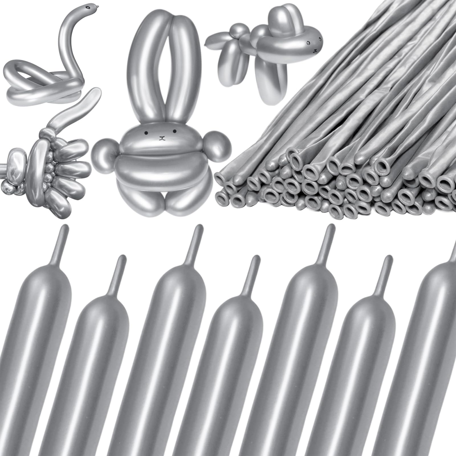 KAWKALSH 260 Metallic Silver Long Balloons – 100pc for Garlands, Twisting Animals, and Party Decor