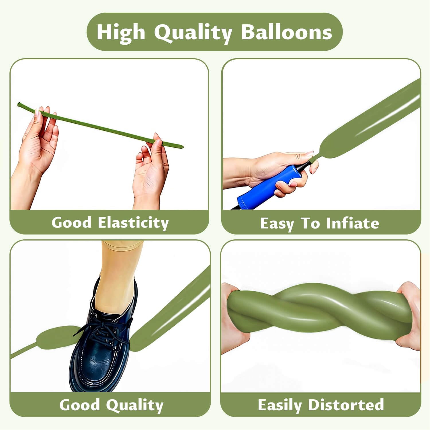 KAWKALSH 260 Avocado Green Long Balloons – 100pcs Dense Latex for Creative Twists & Party Decor